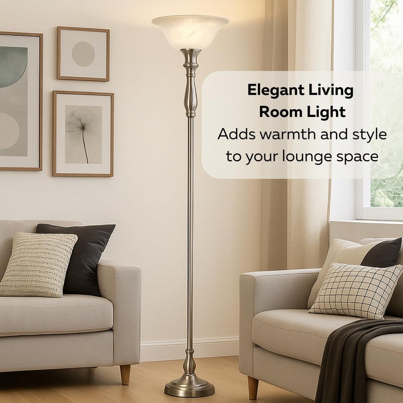 LIGHTACCENTS Floor Lamp, 72-Inch Standing Lamp with Brushed Nickel Finish and White Alabaster Glass Shade â€“ Torchiere Pole Lamp for Living Room, Bedroom, or Corner Lighting - Image 2